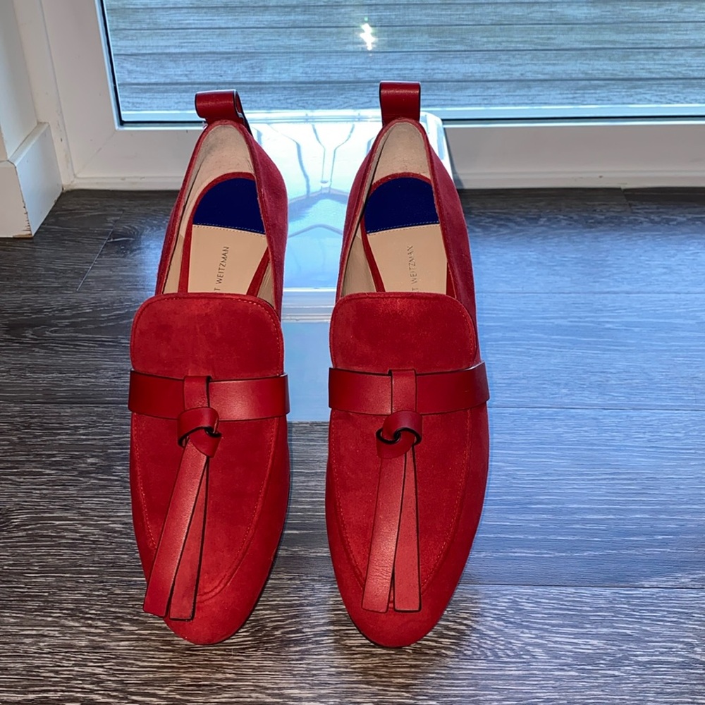 Stuart Weitzman Red Suede Loafers.